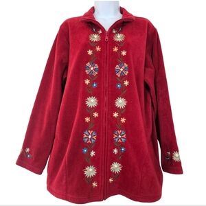 Susan Graver Embroidered Floral Fleece Zip Jacket Red Pockets Size Large